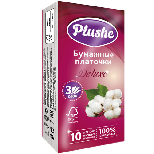 

Платочки бумажные PLUSHE Deluxe 3 слоя 10 штук, Белый