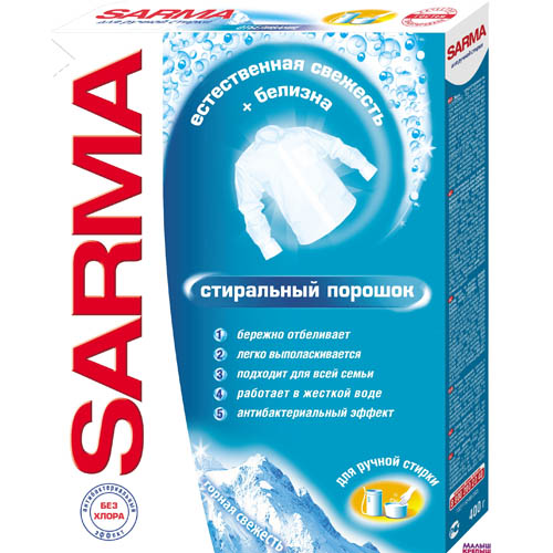 

Стиральный порошок Sarma Горная свежесть для ручной стирки отбеливающий 400 г, Разноцветный