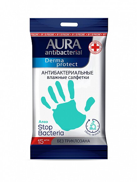 

Салфетки влажные антибактериальные Aura Derma Protect Алоэ 15 шт, Разноцветный