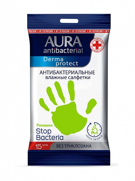 

Салфетки влажные антибактериальные Aura Derma Protect 15 шт, Разноцветный