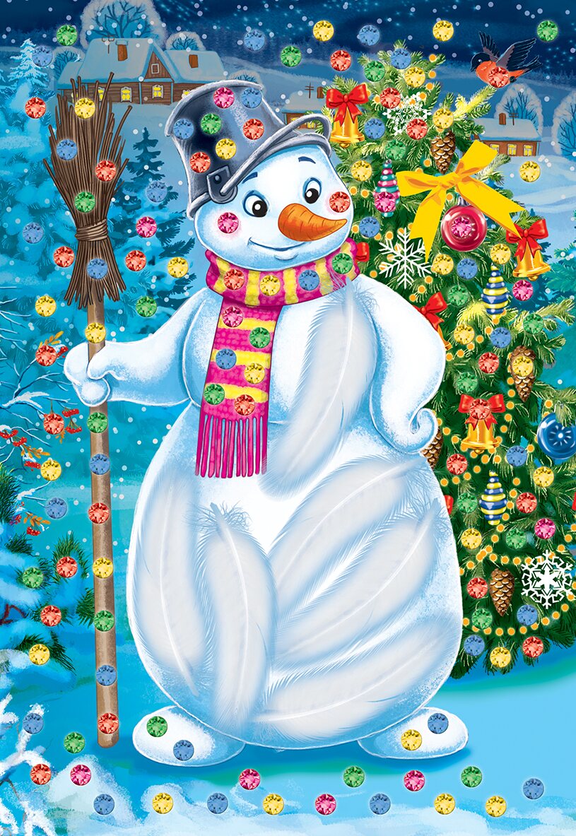 

Мозаика из страз с перьями Рыжий Кот Снеговик А5, Разноцветный