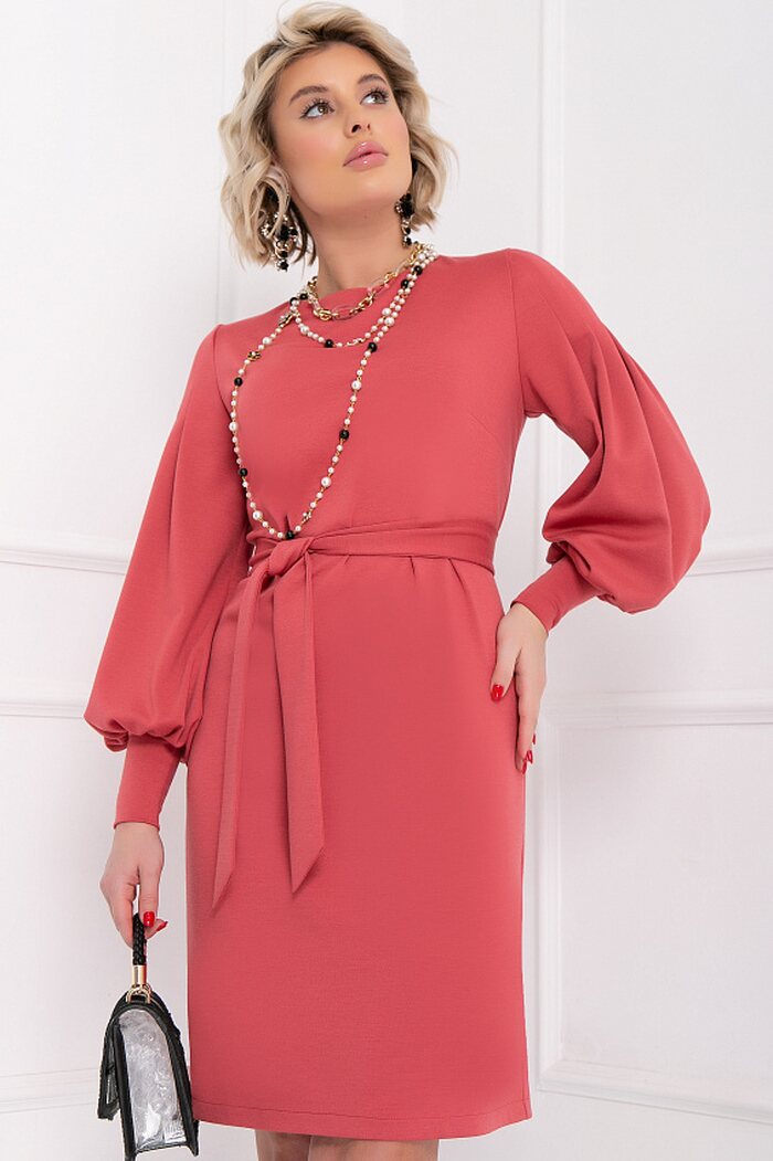 

Платье с поясом и пышными рукавами Bellovera, Коралловый
