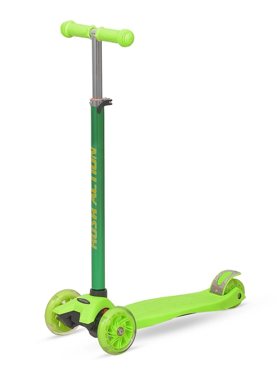 

Самокат трехколесный RUSH ACTION green со светящимися колесами (до 40 кг), Зелёный